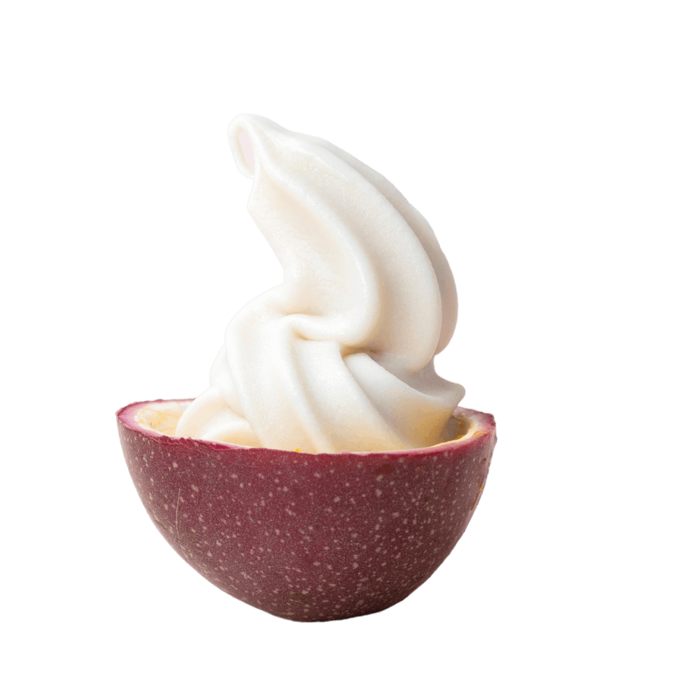 Half a passionfruit with a swirl of vegan soft serve